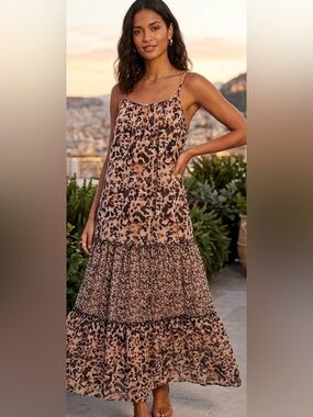 Lipsy Beige/pinky/black Leopard Print Spaghetti Strap Maxi Dress